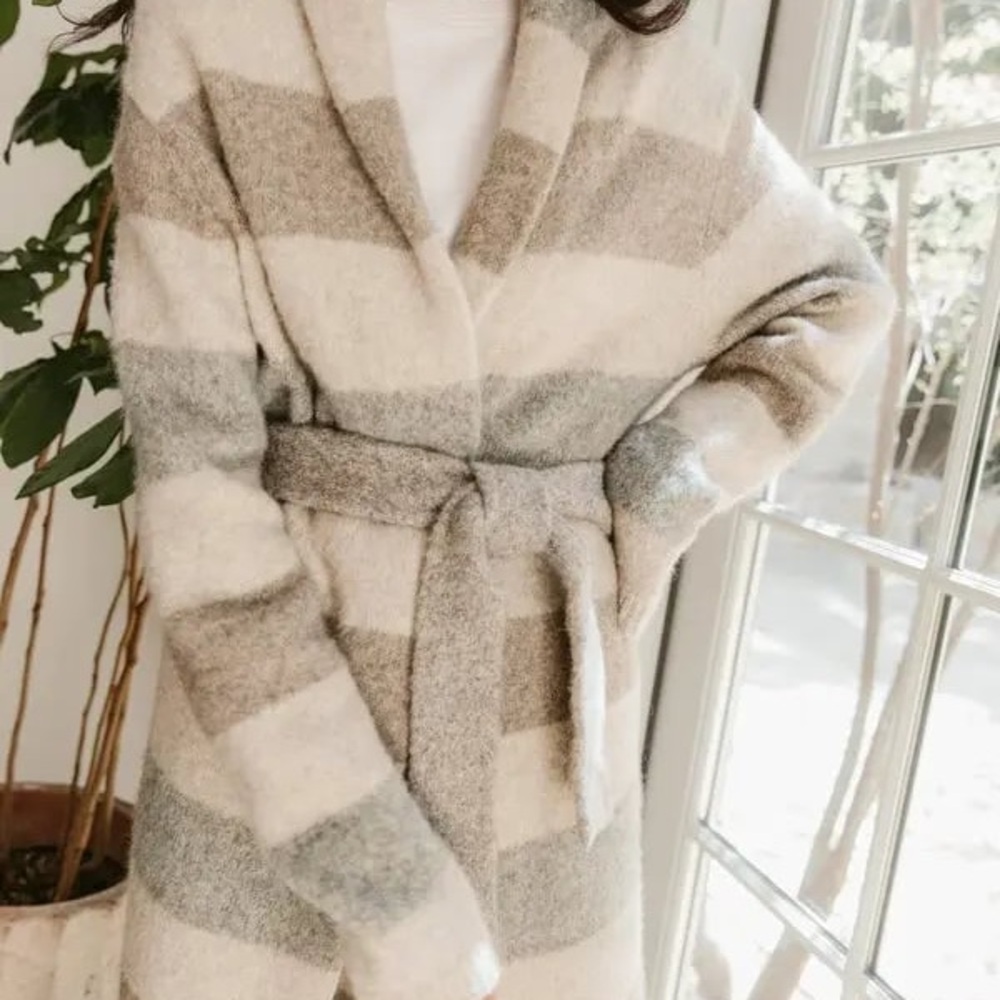 Jenni Kayne Belted Sweater Coat Cardigan Womens XS Wool Long Striped Pockets - Picture 2 of 16